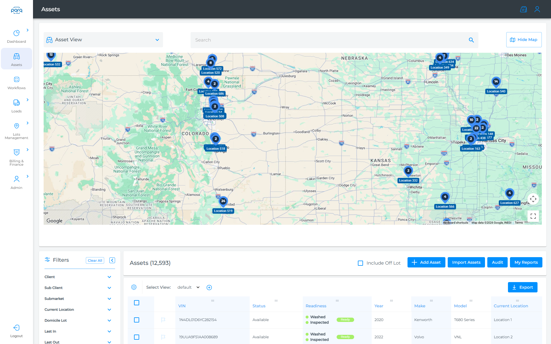 Parq asset map with vehicle clusters across the central United States and a filterable asset table