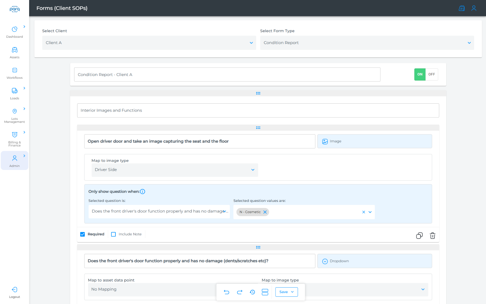 Parq form builder with client and form type selectors and a drag-and-drop section editor