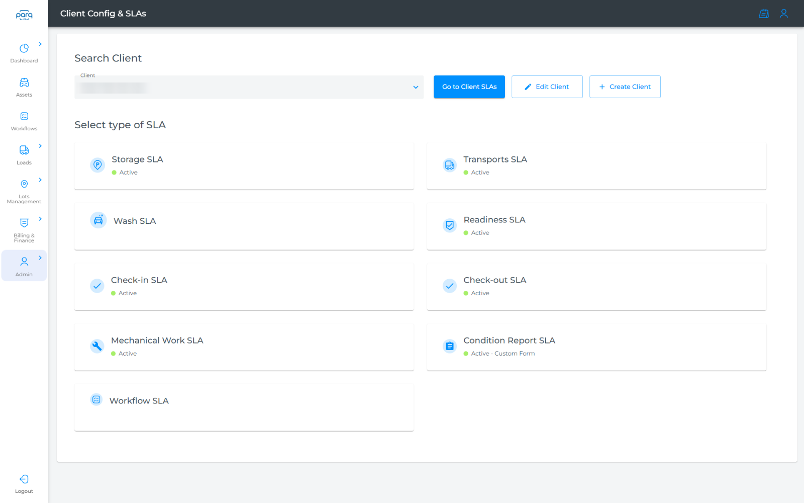 Parq SLA configuration screen listing storage, transport, wash, readiness, check-in, check-out and condition report SLAs