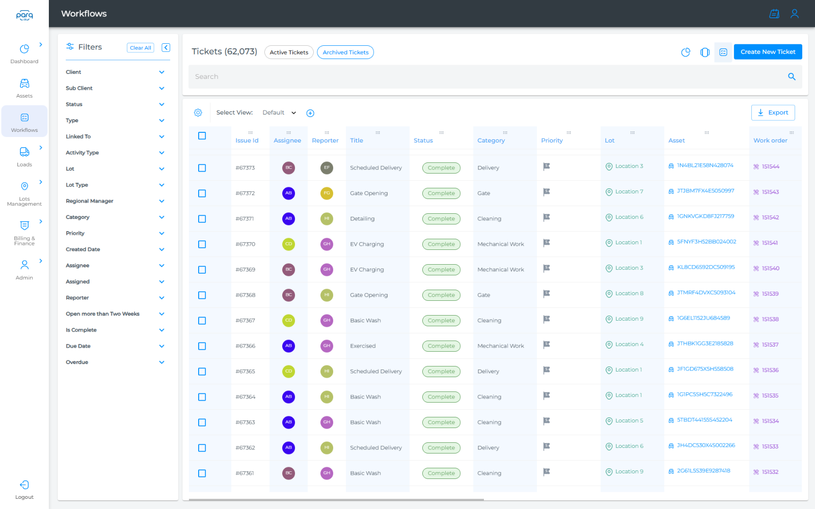 Parq workflows ticket list with assignee, status, category, lot, asset VIN and work order per ticket